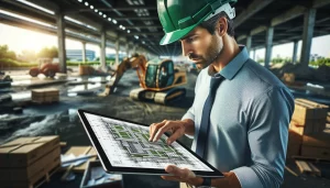 Engenheiro de obras examinando a planta da construção em um tablet gigante