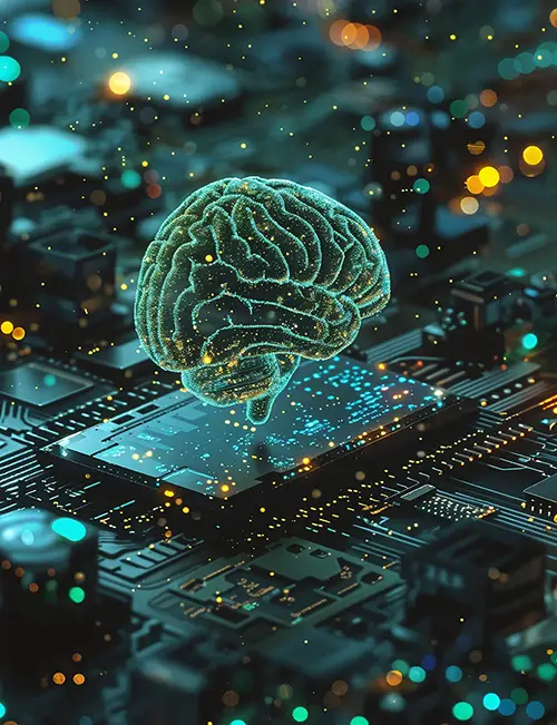 Imagem de um celebro digital em um holograma sobre uma placa de circuito representando a inteligência artificial