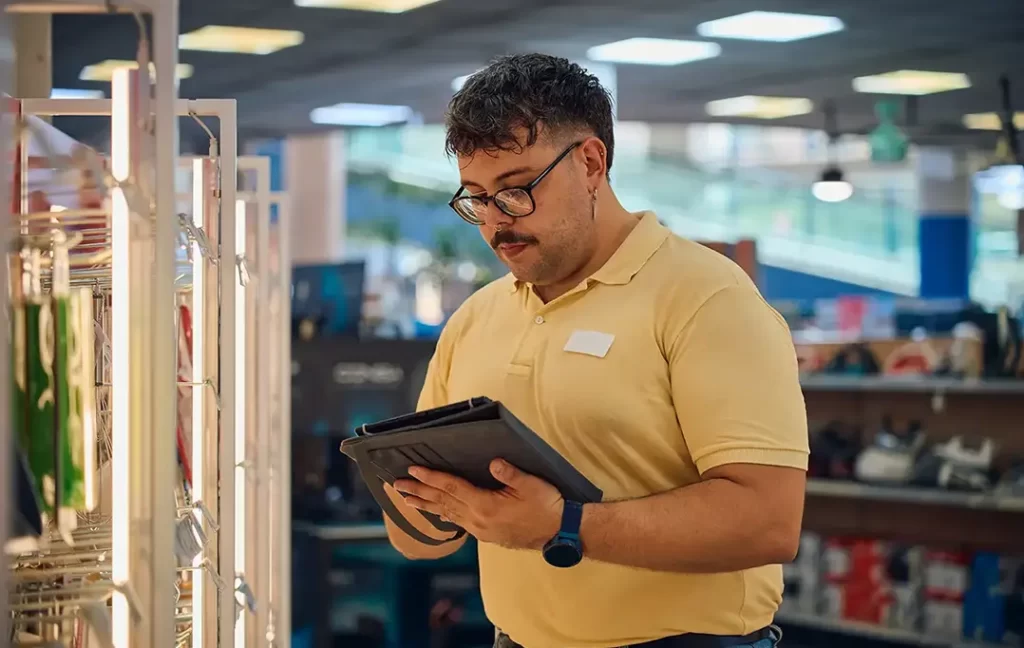 Homem de meia idade, trabalhando no varejo com ajuda da tecnologia